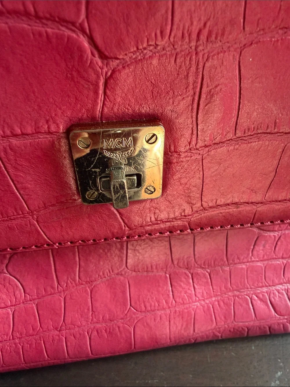 MCM Pink Croc-Embossed Top Handle Satchel with Gold Hardware